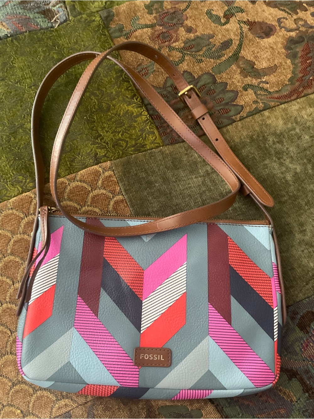 Fossil Chevron Multicolor Crossbody — Pink, Red, Navy & Light Blue